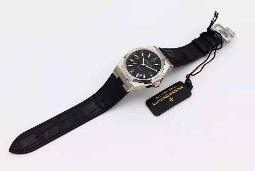 MKS Replica Vacheron Constantin Overseas Stainless Steel Black Leather Strap